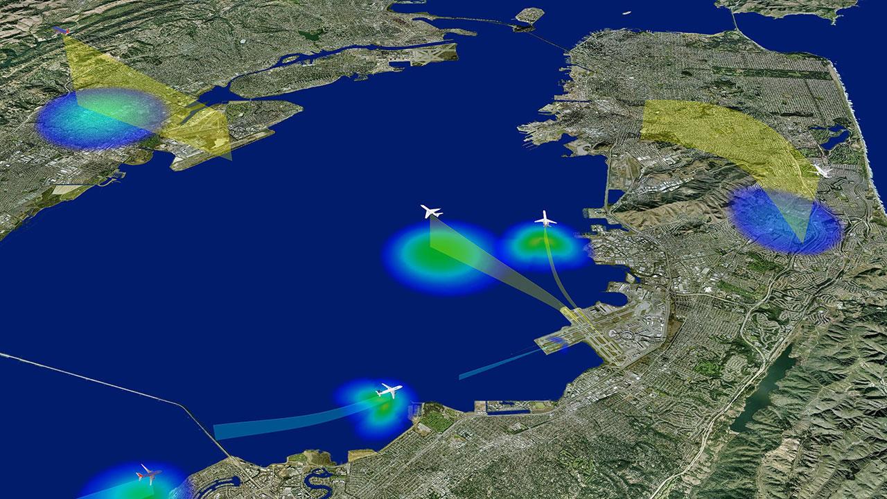 由Volans环境分析和全球最大体育平台工具生成的多种飞机飞行路径和噪音水平的3D显示