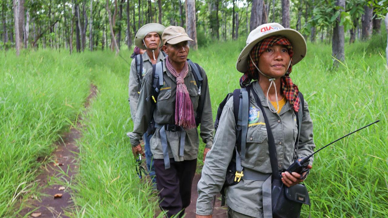 Female forest patrol officer leads a group of officers working to combat wildlife trafficking and to conserve forests in Cambodia through a Tetra Tech-led biodiversity program